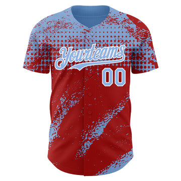Custom Light Blue Red-White 3D Pattern Design Splash Grunge Fragment Authentic Baseball Jersey