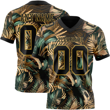 Custom Black Old Gold 3D Pattern Tropical Hawaii Jungle Leaves Mesh Authentic Football Jersey