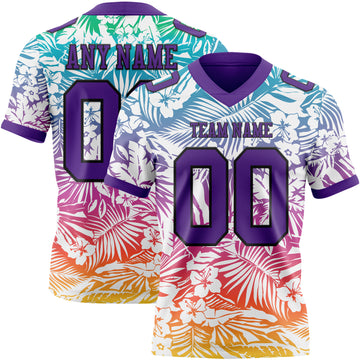 Custom White Purple-Black 3D Pattern Tropical Hawaii Jungle Leaves Mesh Authentic Football Jersey