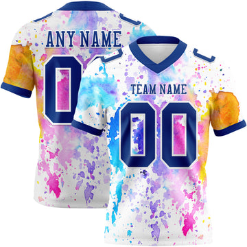 Custom White Royal 3D Pattern Watercolor Splash Mesh Authentic Football Jersey