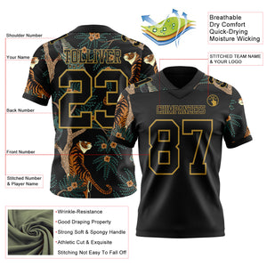 Custom Black Old Gold 3D Pattern Tiger And Peacock Mesh Authentic Football Jersey