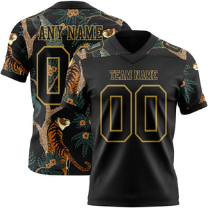 Custom Black Old Gold 3D Pattern Tiger And Peacock Mesh Authentic Football Jersey