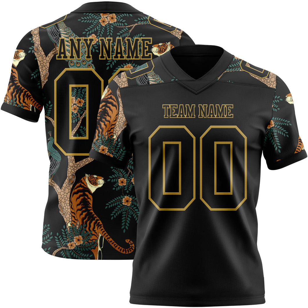 Custom Black Old Gold 3D Pattern Tiger And Peacock Mesh Authentic Football Jersey