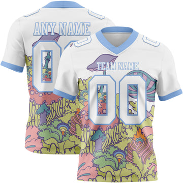 Custom White Light Blue 3D Pattern Colorful Flowers And Mushrooms Psychedelic Hallucination Mesh Authentic Football Jersey