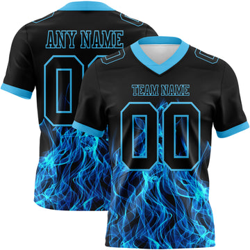 Custom Black Sky Blue 3D Pattern Flame Mesh Authentic Football Jersey