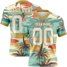 Загрузить изображение в средство просмотра галереи, Custom Aqua White-Old Gold 3D Pattern Tropical Hawaii Palm Trees Authentic Football Jersey
