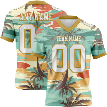 Custom Aqua White-Old Gold 3D Pattern Tropical Hawaii Palm Trees Mesh Authentic Football Jersey