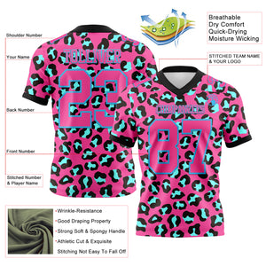 Custom Pink Sky Blue-Black 3D Pattern Leopard Print Mesh Authentic Football Jersey