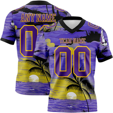 Custom Purple Black-Yellow 3D Pattern Sun Beach Hawaii Palm Trees Mesh Authentic Football Jersey