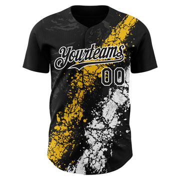 Custom Black Yellow-White 3D Pattern Design Splash Authentic Baseball Jersey
