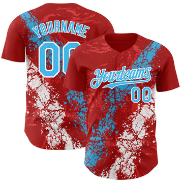 Custom Red Sky Blue-White 3D Pattern Design Splash Authentic Baseball Jersey