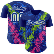 Load image into Gallery viewer, Custom Royal Neon Green Pink-White 3D Pattern Design Splash Authentic Baseball Jersey
