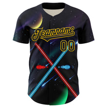 Charger l&#39;image dans la galerie, Custom Black Yellow 3D Pattern Design Outer Space Light Swords Authentic Baseball Jersey
