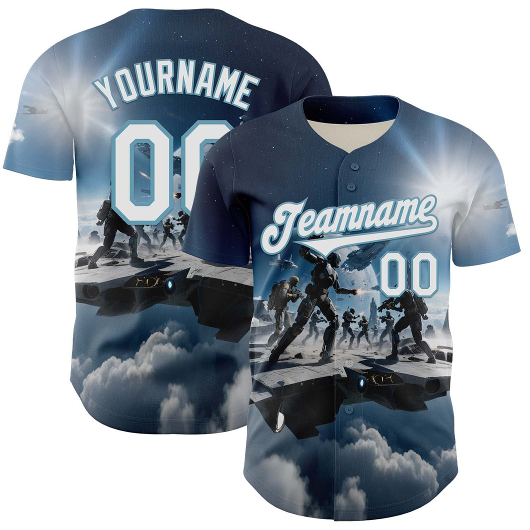 Custom Blue White-Shadow Blue 3D Pattern Design Outer Space Light Swords Authentic Baseball Jersey