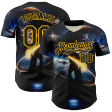 Charger l&#39;image dans la galerie, Custom Black Gold 3D Pattern Design Outer Space Light Swords American Flag Authentic Baseball Jersey
