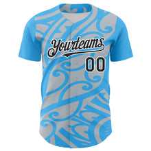 Load image into Gallery viewer, Custom Sky Blue Black Silver-White 3D Polynesian Style Islander Authentic Baseball Jersey
