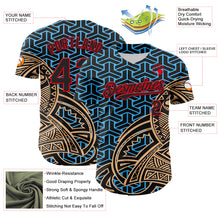 Load image into Gallery viewer, Custom Black Sky Blue Old Gold-Fire Red 3D Polynesian Style Islander Authentic Baseball Jersey
