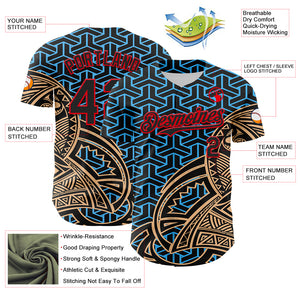 Custom Black Sky Blue Old Gold-Fire Red 3D Polynesian Style Islander Authentic Baseball Jersey