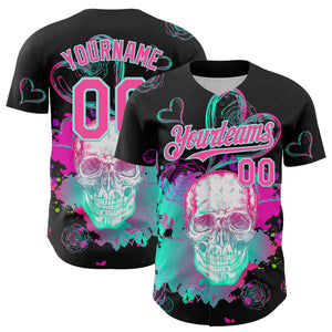 Custom Black Pink-Ice Blue 3D Pattern Design Trippy Magic Mushrooms Skull Authentic Baseball Jersey