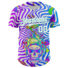 Laden Sie das Bild in den Galerie-Viewer, Custom Purple White-Ice Blue 3D Pattern Design Trippy Magic Mushrooms Skull Authentic Baseball Jersey

