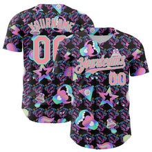 Charger l&#39;image dans la galerie, Custom Black Medium Pink-Ice Blue 3D Pattern Design Trippy Magic Mushrooms Peace Sign Authentic Baseball Jersey
