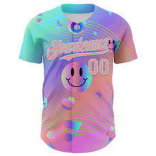Load image into Gallery viewer, Custom Purple Medium Pink-Ice Blue 3D Pattern Design Trippy Smiley Face Acid Authentic Baseball Jersey
