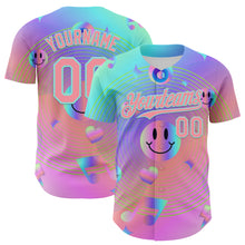 Load image into Gallery viewer, Custom Purple Medium Pink-Ice Blue 3D Pattern Design Trippy Smiley Face Acid Authentic Baseball Jersey
