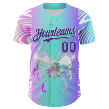 Custom Blue Purple-Ice Blue 3D Pattern Design Trippy Acid Butterfly Authentic Baseball Jersey