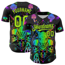 Загрузить изображение в средство просмотра галереи, Custom Black Neon Green 3D Pattern Design Trippy Magic Mushrooms Goat Skull Authentic Baseball Jersey
