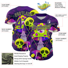Загрузить изображение в средство просмотра галереи, Custom Black Purple-Neon Green 3D Pattern Design Trippy Magic Mushrooms Skull Authentic Baseball Jersey
