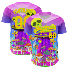 Load image into Gallery viewer, Custom Purple Yellow-Neon Green 3D Pattern Design Trippy Magic Mushrooms Alien Authentic Baseball Jersey
