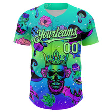 Загрузить изображение в средство просмотра галереи, Custom Blue Pea Green-Black 3D Pattern Design Trippy Magic Mushrooms Skull Authentic Baseball Jersey
