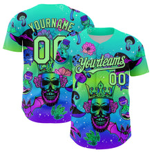 Загрузить изображение в средство просмотра галереи, Custom Blue Pea Green-Black 3D Pattern Design Trippy Magic Mushrooms Skull Authentic Baseball Jersey
