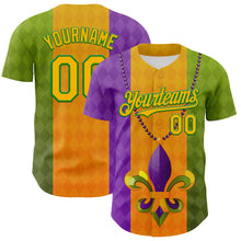 Charger l&#39;image dans la galerie, Custom Purple Gold-Grass Green 3D Pattern Design Mardi Gras Shrove Tuesday Authentic Baseball Jersey
