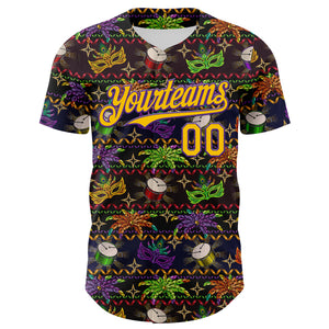 Custom Black Gold-Purple 3D Pattern Design Mardi Gras Shrove Tuesday Authentic Baseball Jersey