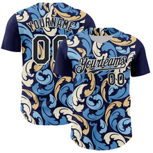 Load image into Gallery viewer, Custom Navy Black-White 3D Pattern Design Burner Costumes Floral Grunge Authentic Baseball Jersey
