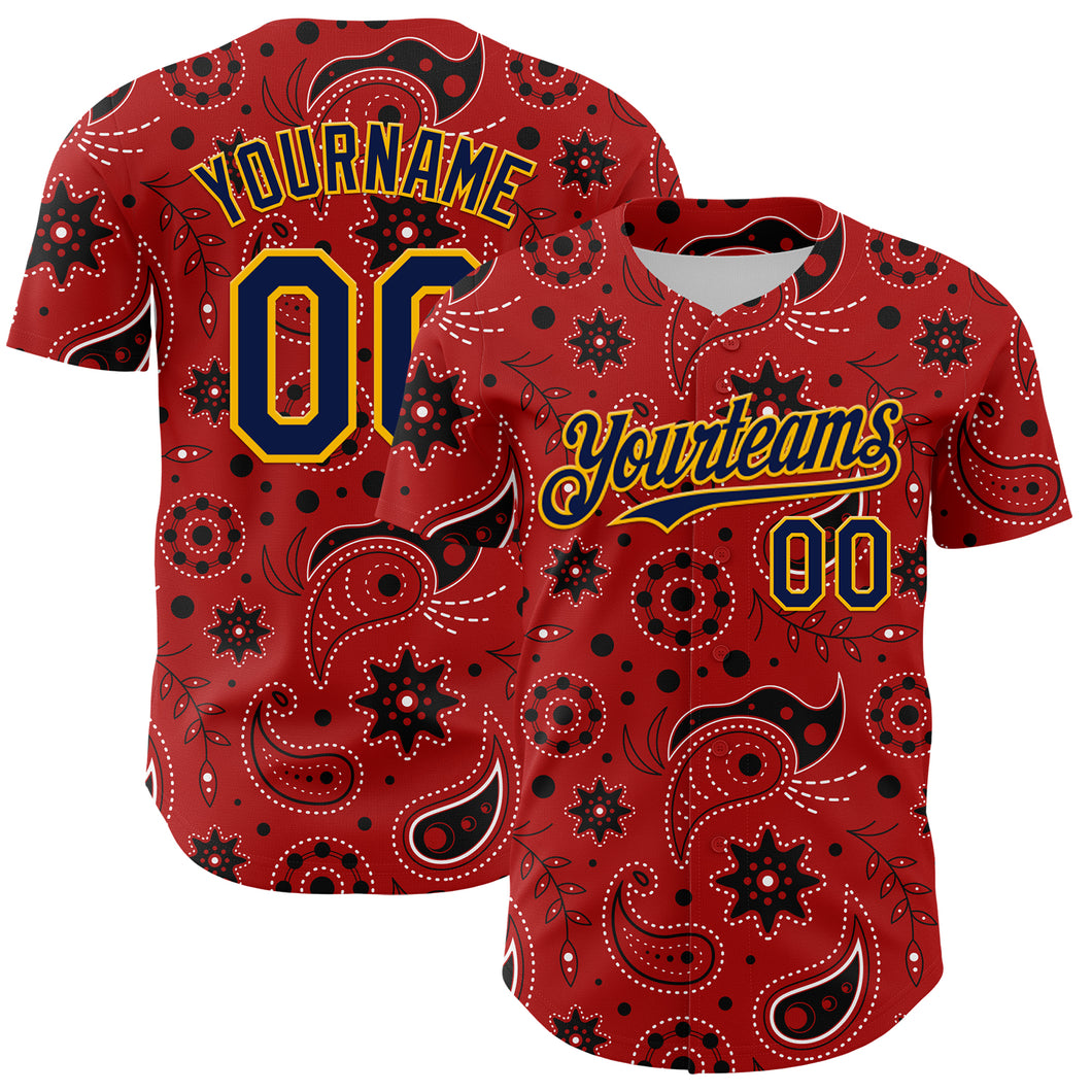 Custom Red Navy-Gold 3D Pattern Design Burner Costumes Paisley Bandana Authentic Baseball Jersey