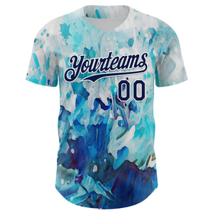 Custom White Navy 3D Pattern Design Burner Costumes Watercolor Paint Authentic Baseball Jersey