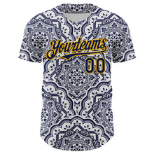 Load image into Gallery viewer, Custom Navy Gold 3D Pattern Design Burner Costumes Damask Authentic Baseball Jersey
