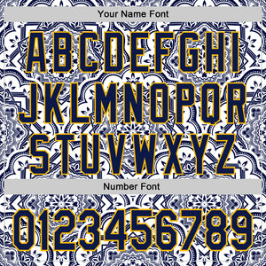 Custom Navy Gold 3D Pattern Design Burner Costumes Damask Authentic Baseball Jersey
