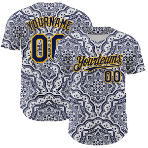 Custom Navy Gold 3D Pattern Design Burner Costumes Damask Authentic Baseball Jersey