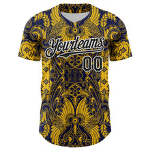 Load image into Gallery viewer, Custom Navy Black Yellow-White 3D Pattern Design Burner Costumes Paisley Authentic Baseball Jersey
