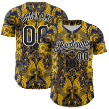 Load image into Gallery viewer, Custom Navy Black Yellow-White 3D Pattern Design Burner Costumes Paisley Authentic Baseball Jersey

