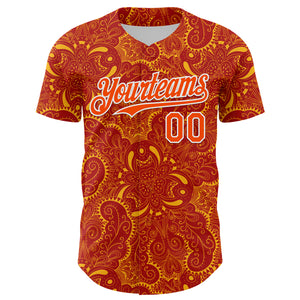 Custom Red Orange Gold-White 3D Pattern Design Burner Costumes Paisley Authentic Baseball Jersey