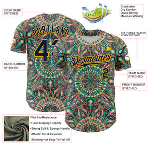 Custom Green Navy-Gold 3D Pattern Design Burner Costumes Psychedelic Authentic Baseball Jersey