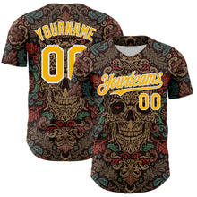 Загрузить изображение в средство просмотра галереи, Custom Brown Gold-White 3D Pattern Design Burner Costumes Skull Floral Authentic Baseball Jersey
