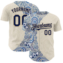 Load image into Gallery viewer, Custom Cream Navy Royal-Vegas Gold 3D Pattern Design Burner Costumes Paisley Authentic Baseball Jersey
