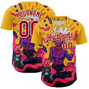 Custom Gold Red-White 3D Pattern Design Rave Party Trippy Disco Authentic Baseball Jersey