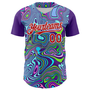 Custom Purple Red-White 3D Pattern Design Rave Party Trippy Laser Fluid Authentic Baseball Jersey