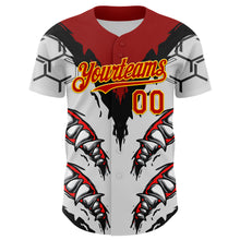 Load image into Gallery viewer, Custom White Red-Yellow 3D Pattern Design Burner Costumes Shark Teeth Authentic Baseball Jersey
